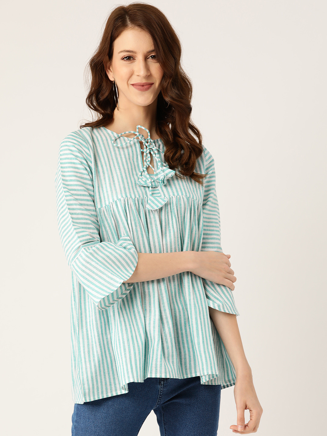 Cottinfab Women Sea Green & White Tie-Up Neck Striped A-Line Pure Cotton Top