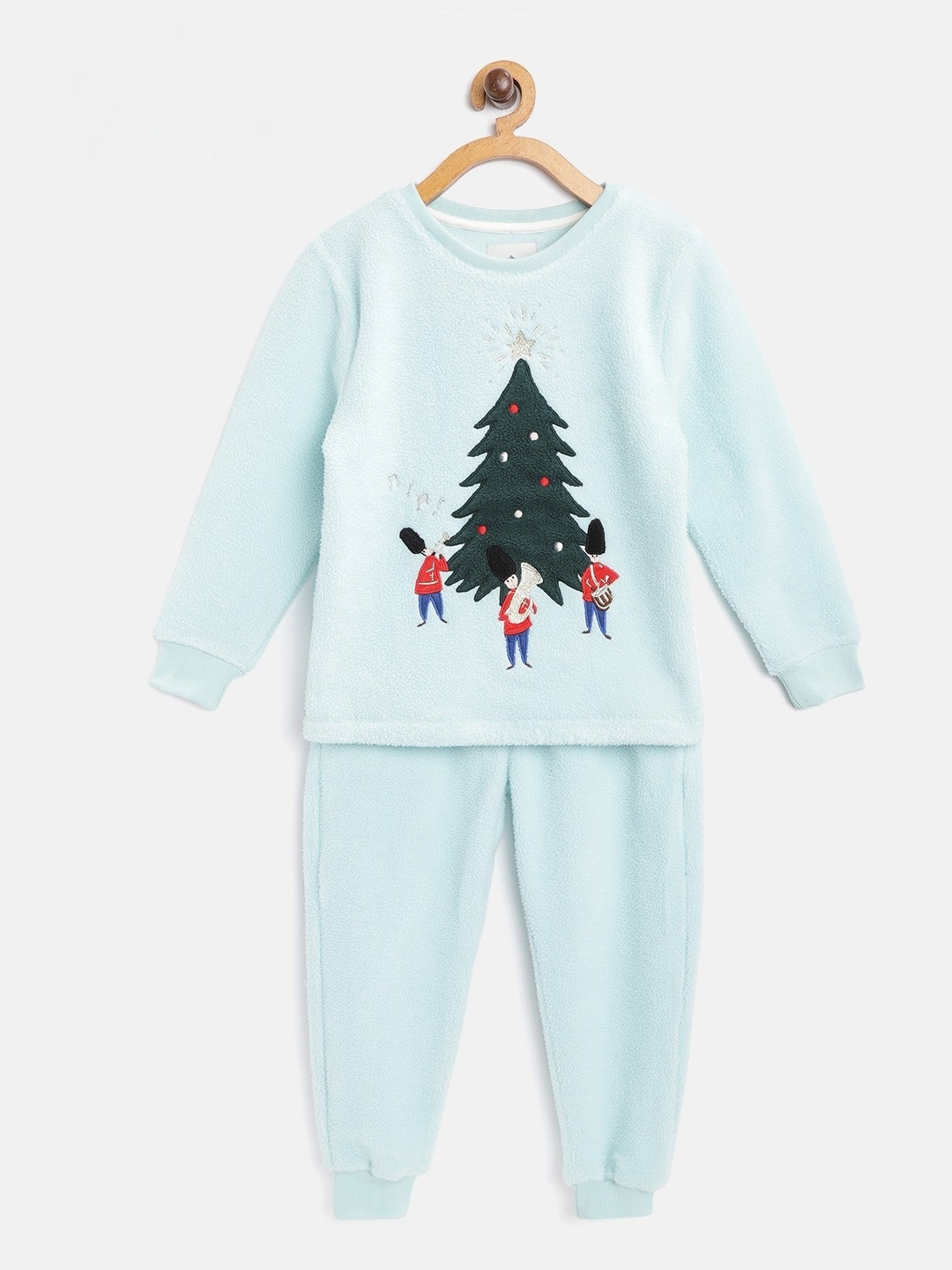 Cherry Crumble Kids Blue & Green Christmas Tree Applique Fleece Night Suit