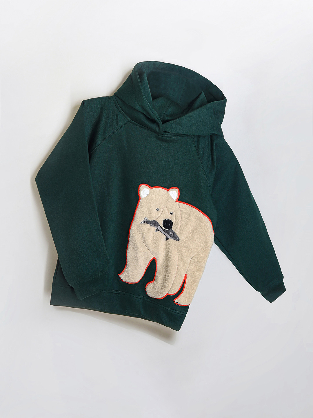 Cherry Crumble Kids Green & Beige Fuzzy Bear Applique Hooded Sweatshirt