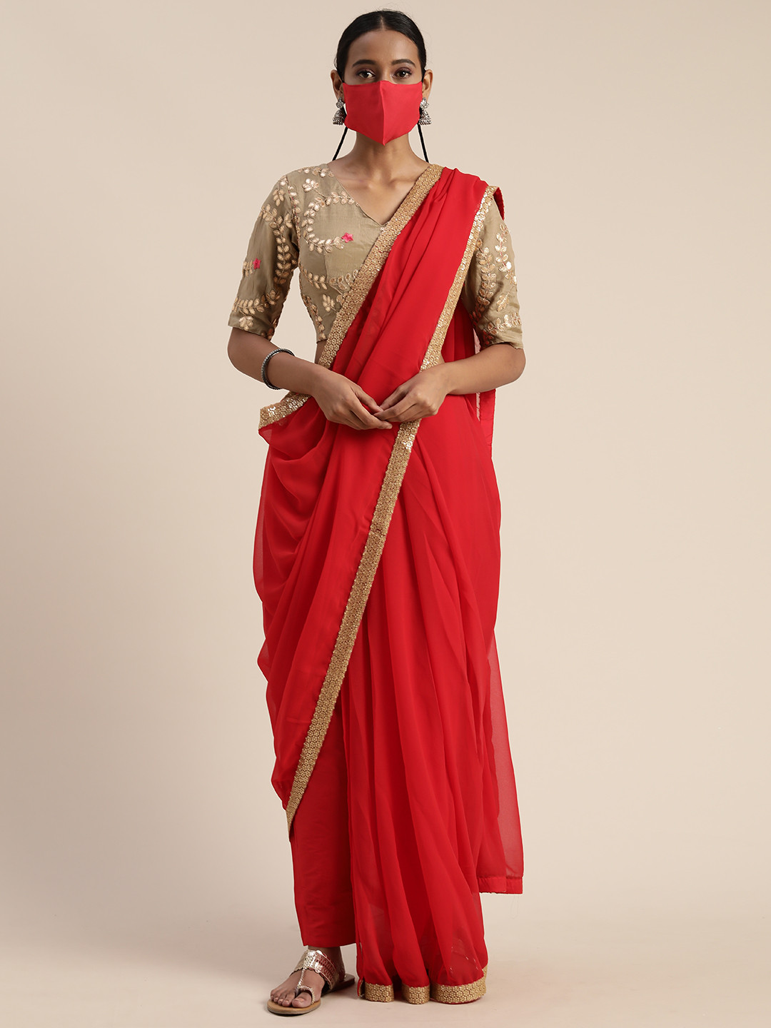 Ethnovog Red  Gold-Toned Viscose Rayon Solid Saree