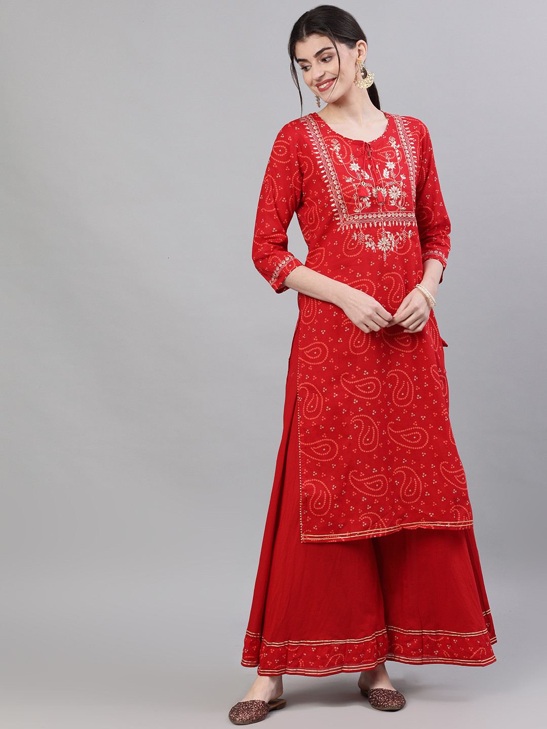 Ishin Women Red Bandhani Printed Kurta with Palazzos