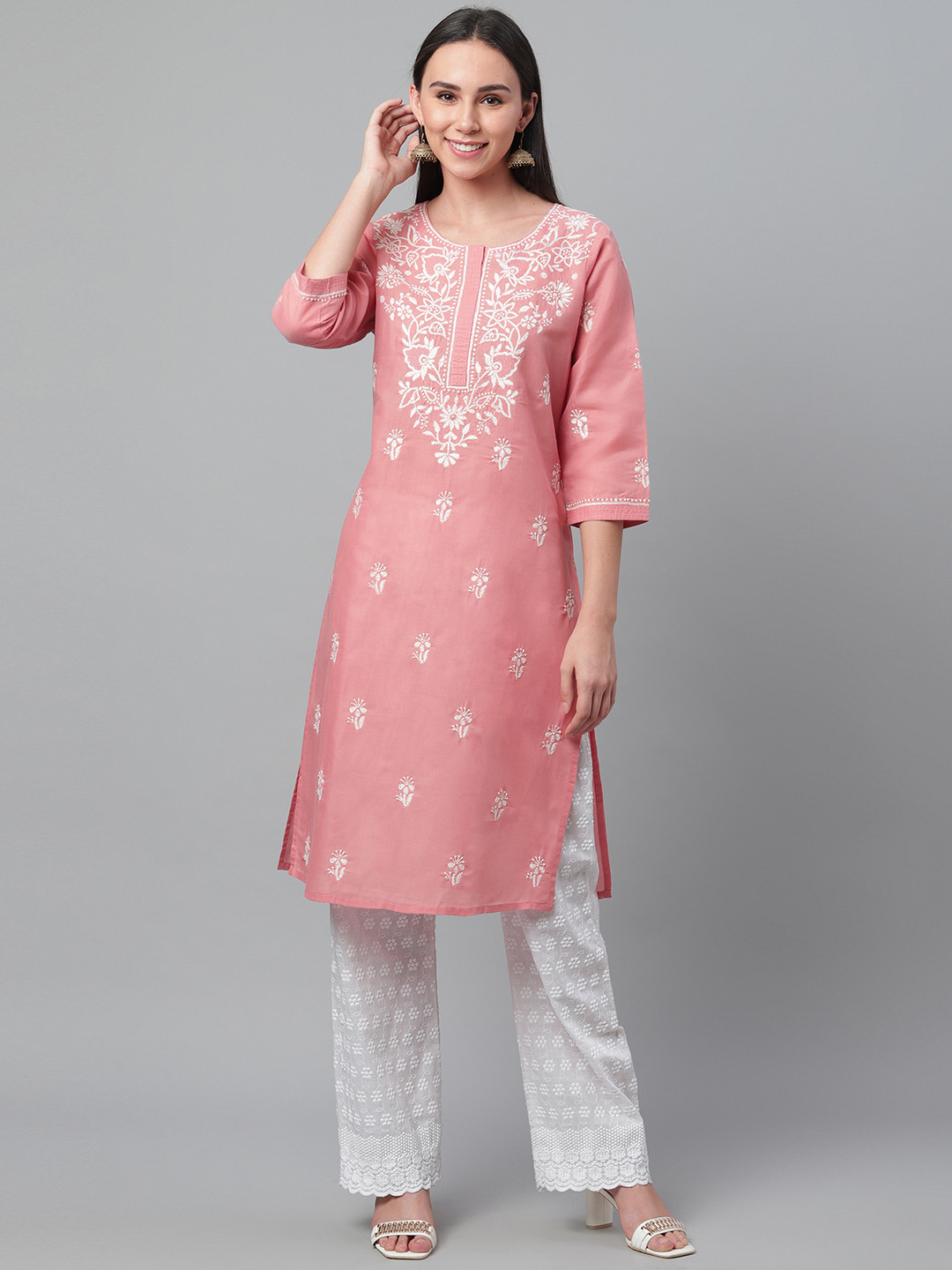 akheri Women Dusty Pink & White Chikankari Embroidered Straight Kurta