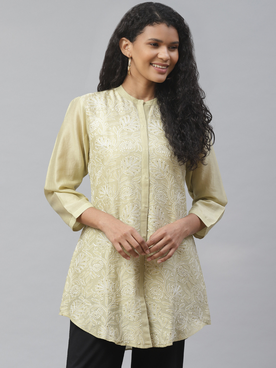 akheri Women Green Chanderi Silk Chikankari Embroidered Longline Casual Shirt