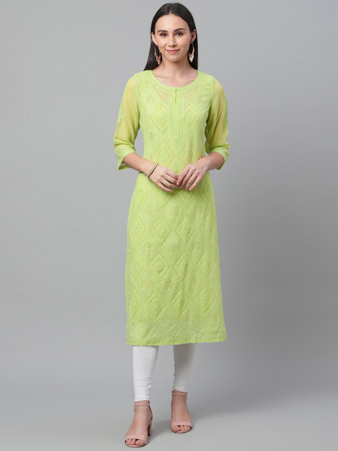 akheri Women Green Chikankari Embroidered Straight Kurta