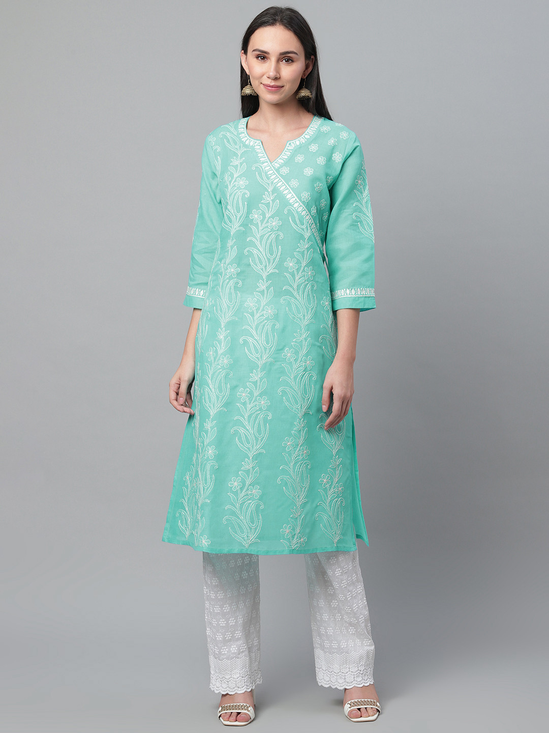 akheri Women Blue & White Chikankari Embroidered Angrakha Straight Kurta