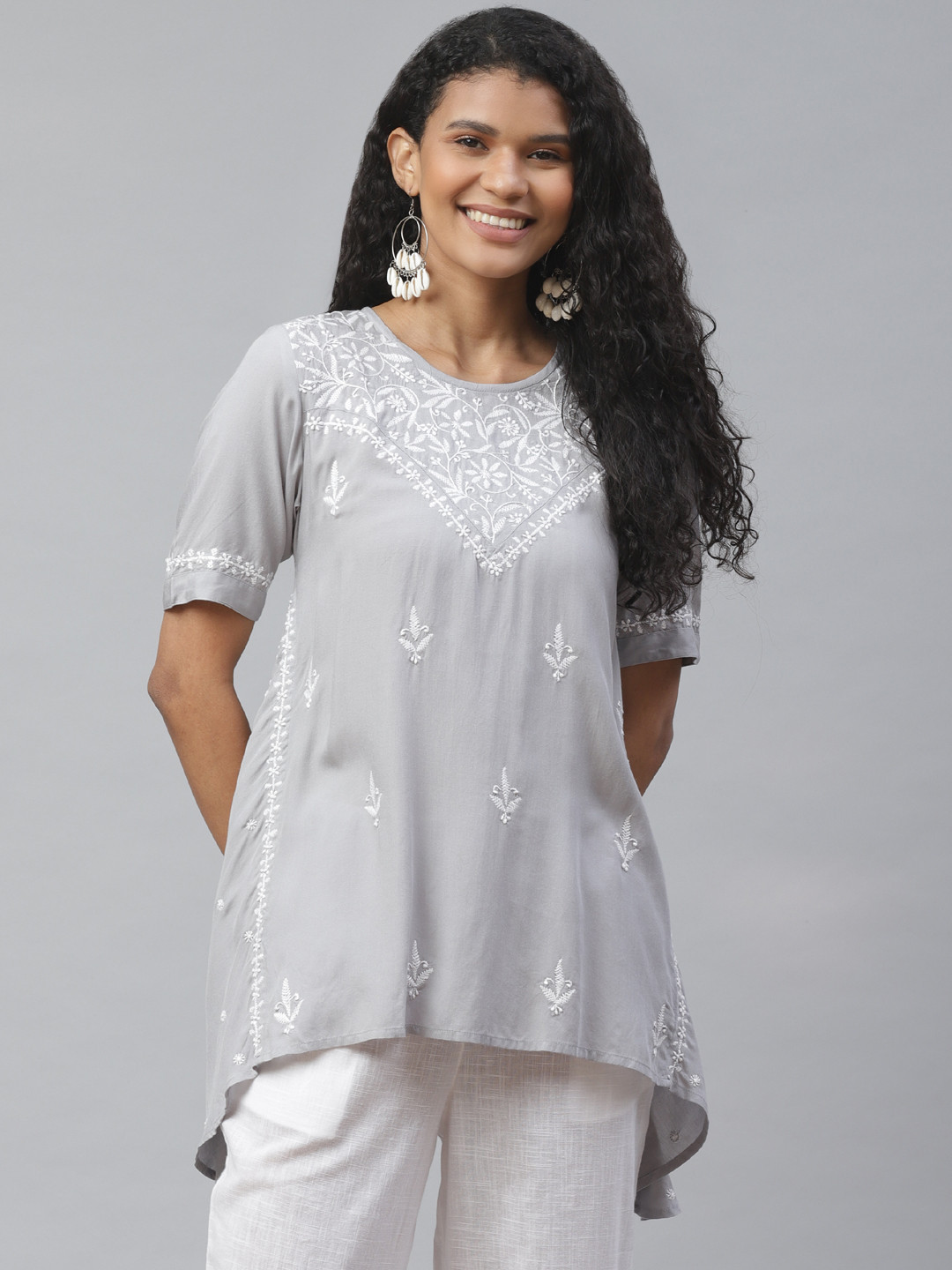akheri Women Grey Chikankari Embroidered High-Low Top