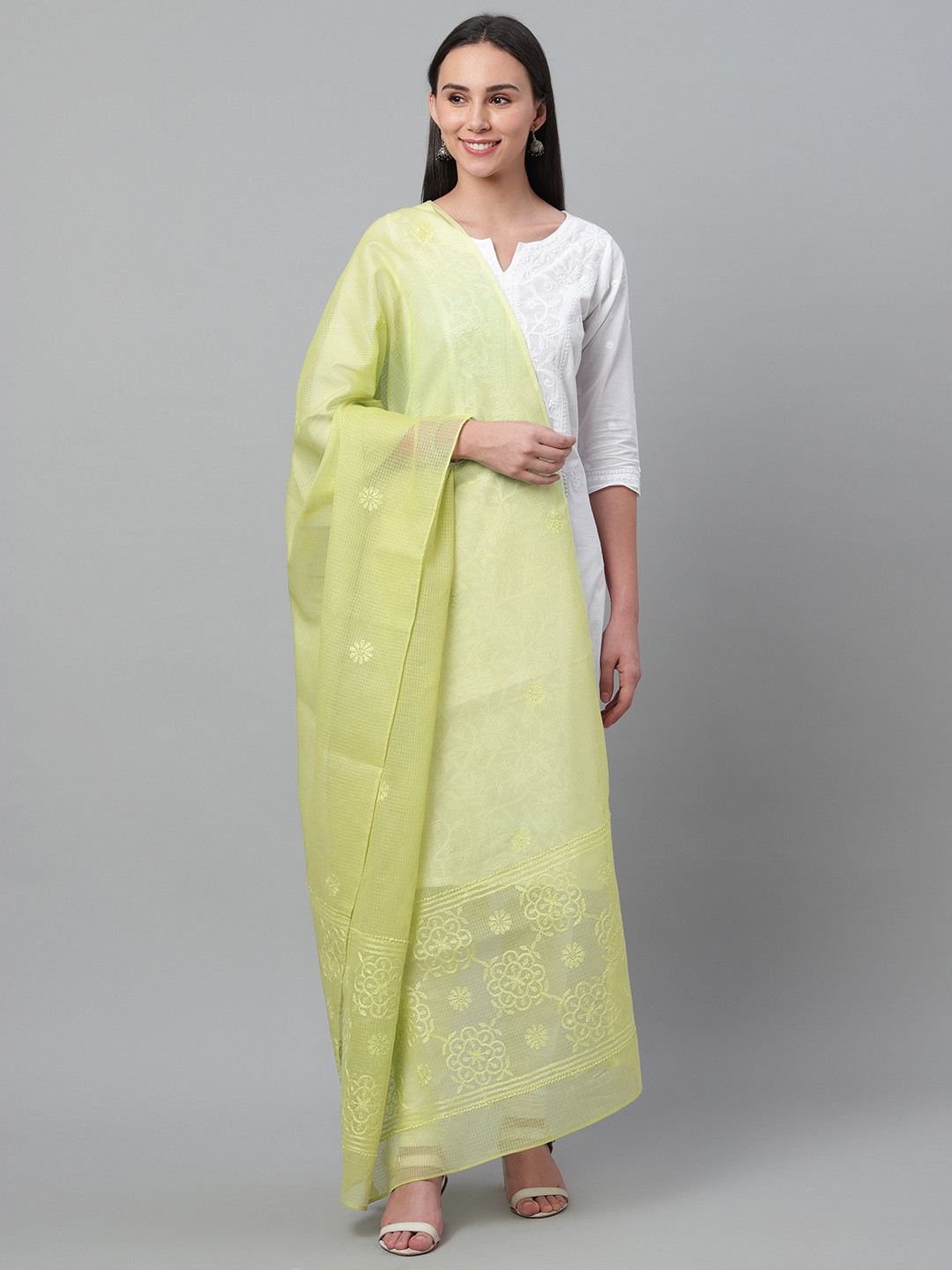akheri Green Chikankari Embroidered Cotton Dupatta