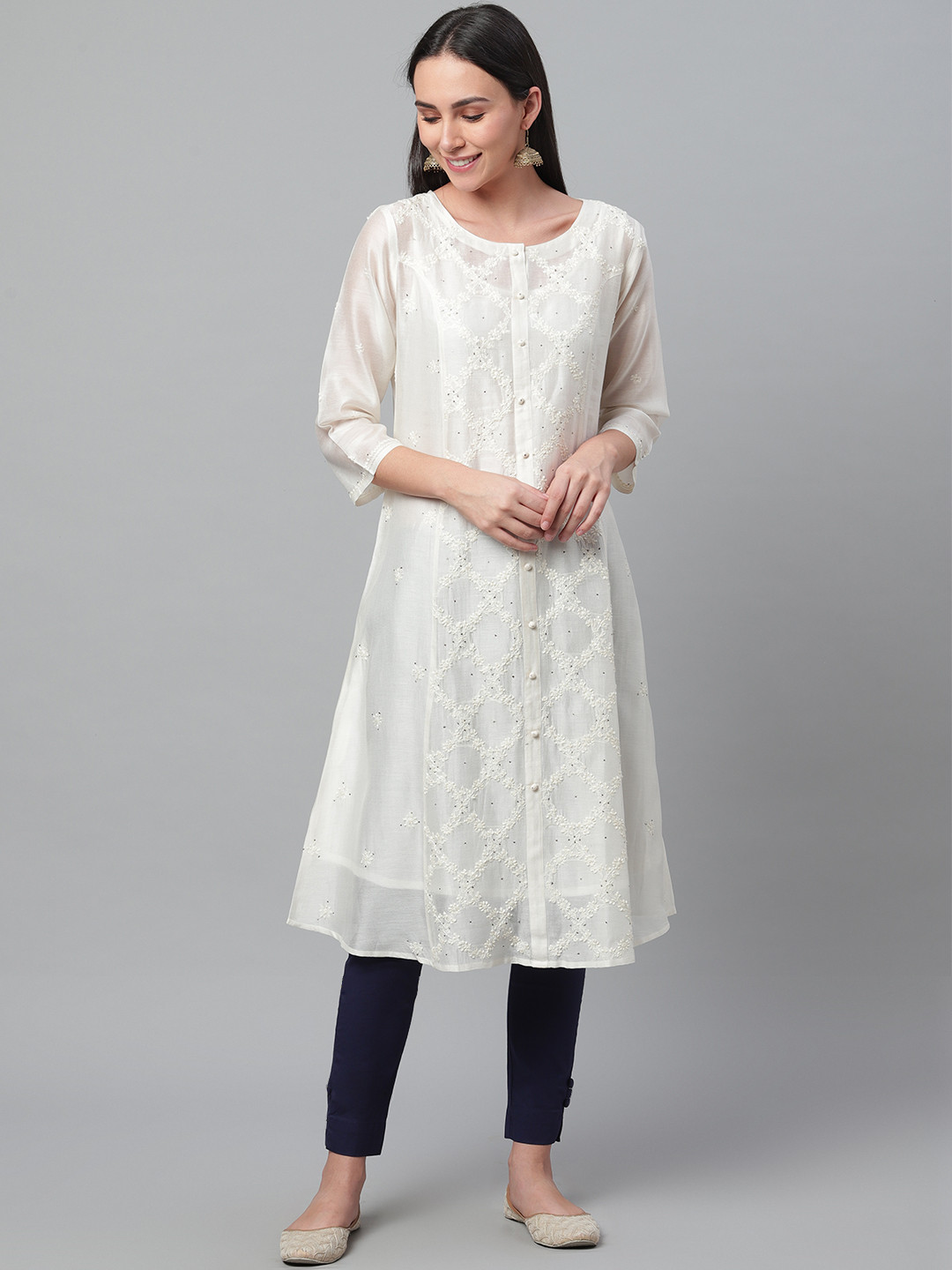akheri Women Off-White Chikankari Embroidered A-Line Kurta