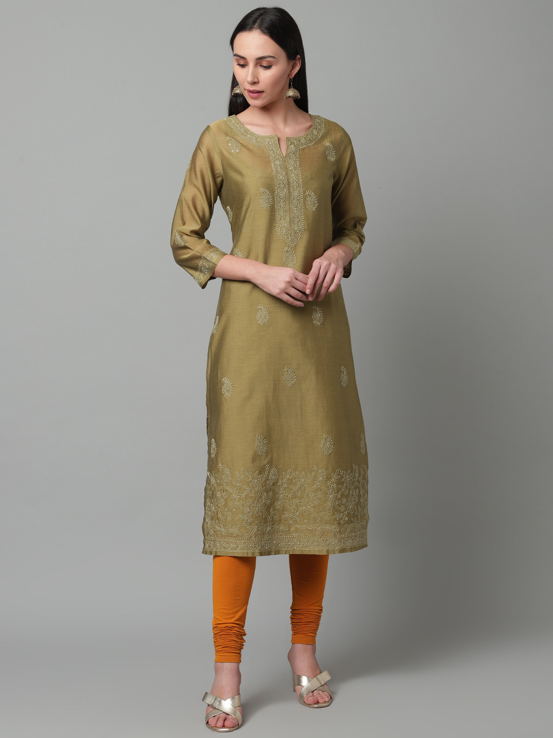 akheri Women Olive Green Chikankari Embroidered Straight Chanderi Kurta