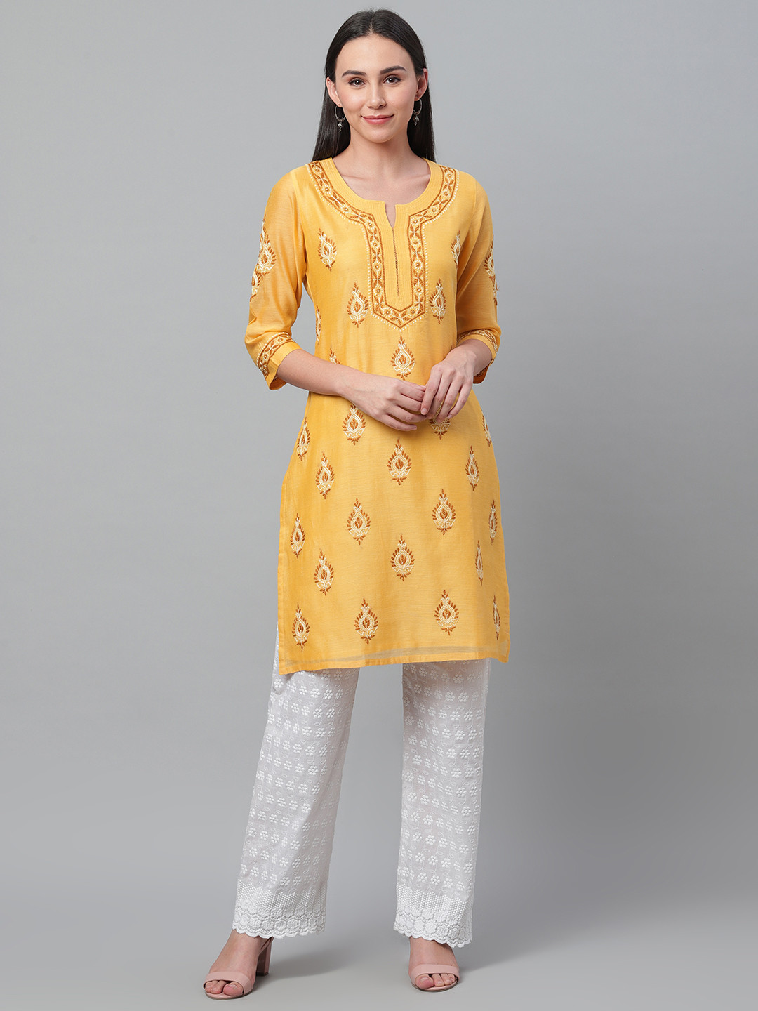 akheri Women Yellow & Brown Chikankari Embroidered Straight Kurta