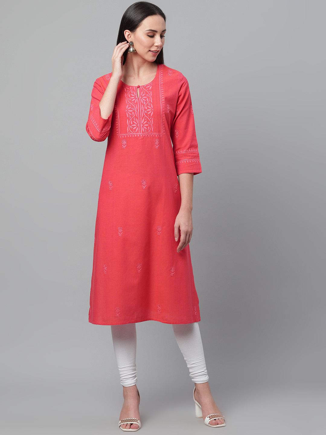 akheri Women Pink Chikankari Embroidered Handloom Mangalgiri Straight Kurta