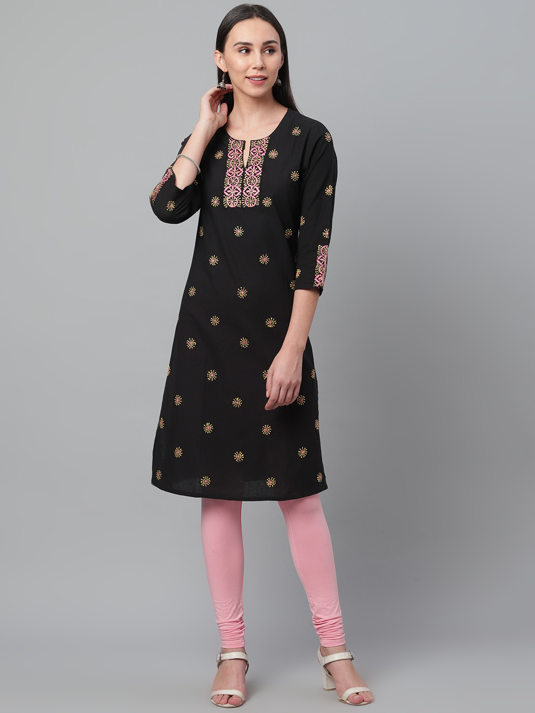 akheri Women Black & Yellow Chikankari Embroidered Mangalgiri Straight Kurta