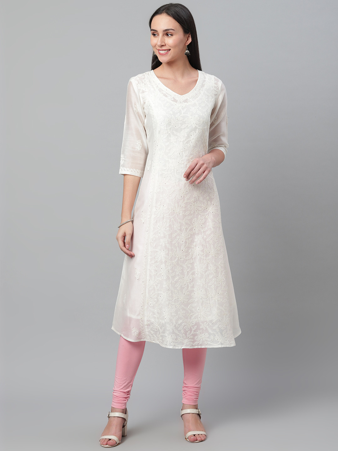 akheri Women Off-White Chikankari Embroidered A-Line Kurta