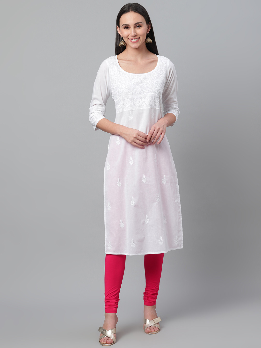 akheri Women White Chikankari Embroidered Straight Kurta