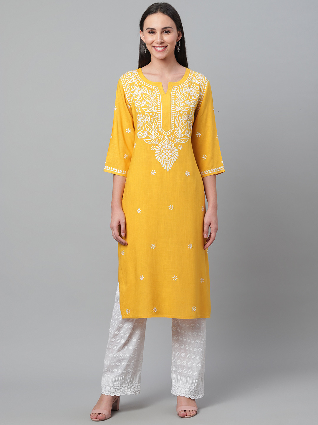 akheri Women Mustard Yellow & White Chikankari Embroidered Straight Kurta