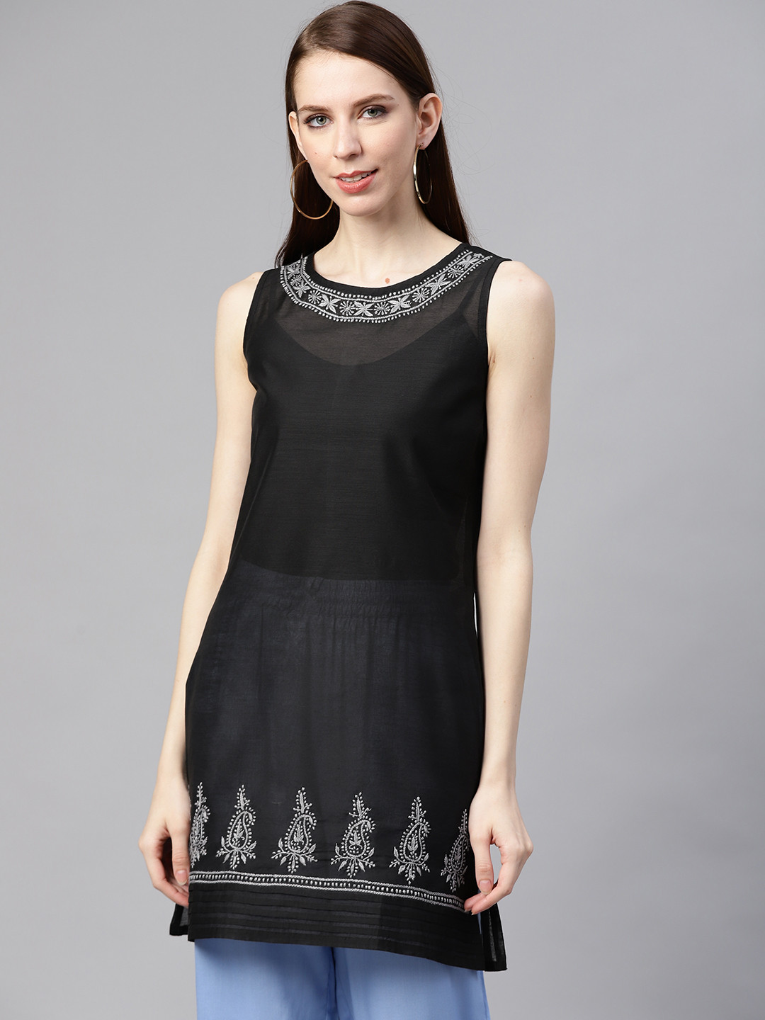akheri Women Black & Grey Embroidered Detail Sheer Straight Kurta