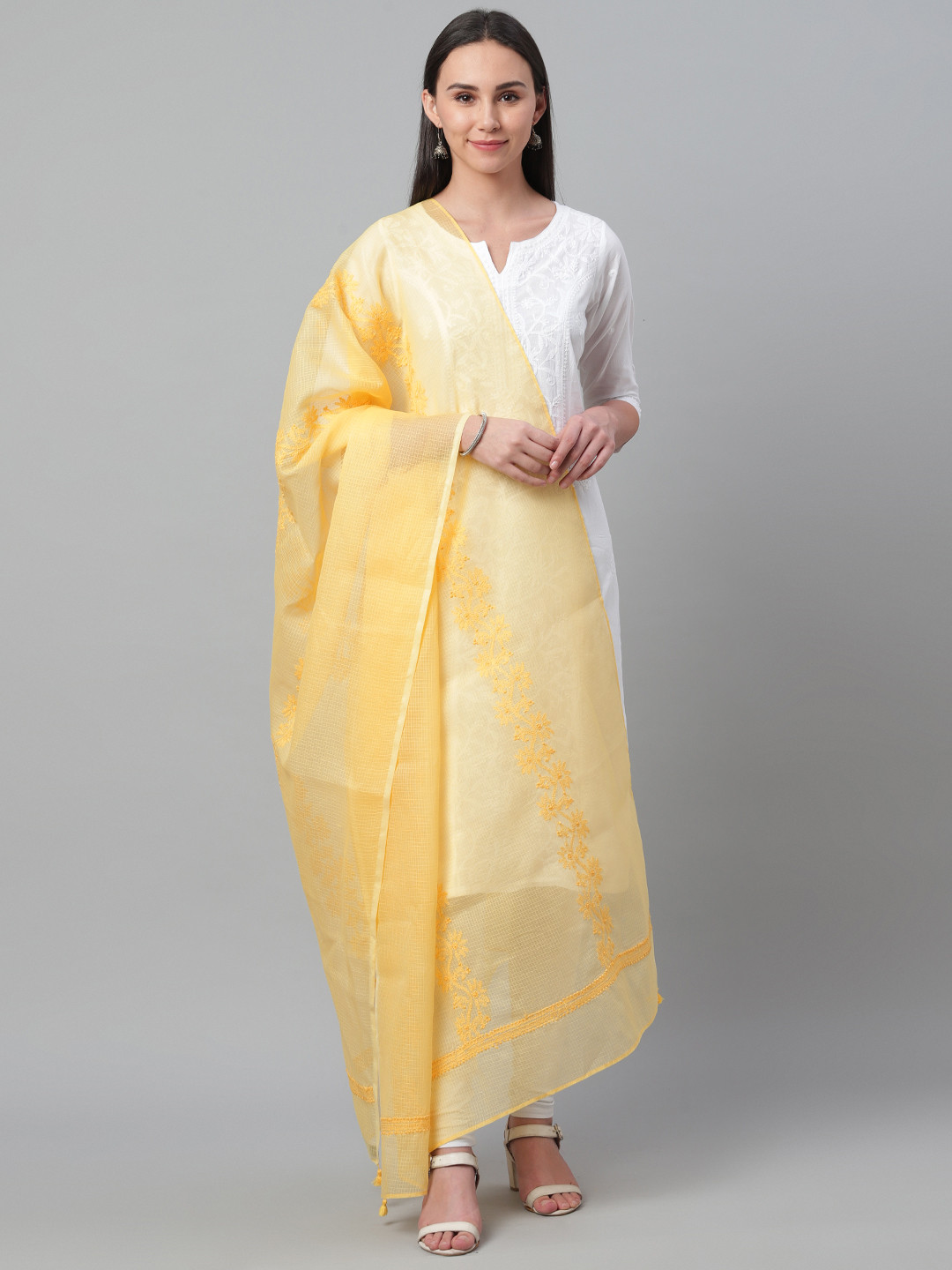 akheri Yellow Chikankari Embroidered Cotton Dupatta