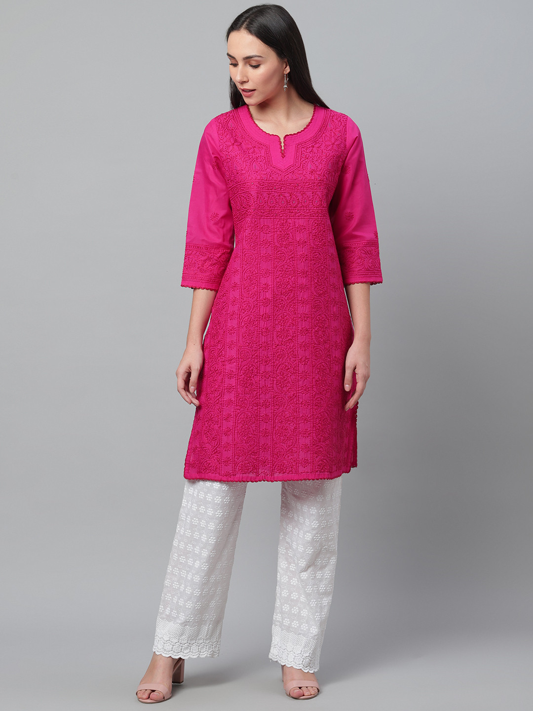 akheri Women Magenta Chikankari Embroidered Straight Kurta
