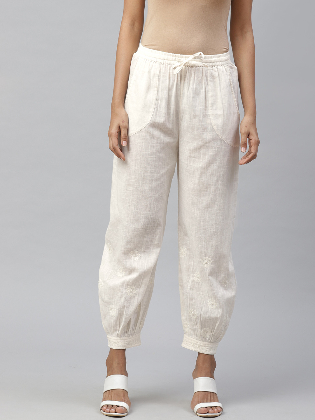 akheri Women Off-White Embroidered Afghani Pants