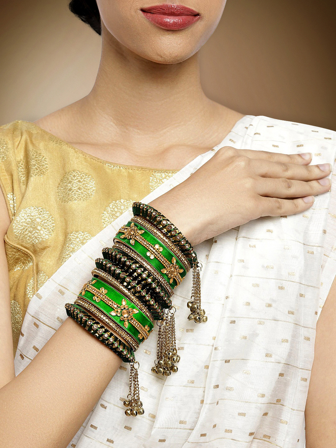 Peora Gold-Plated & Green Set Of 10 Matching Floral Kundan Studded Chura Bangle Set