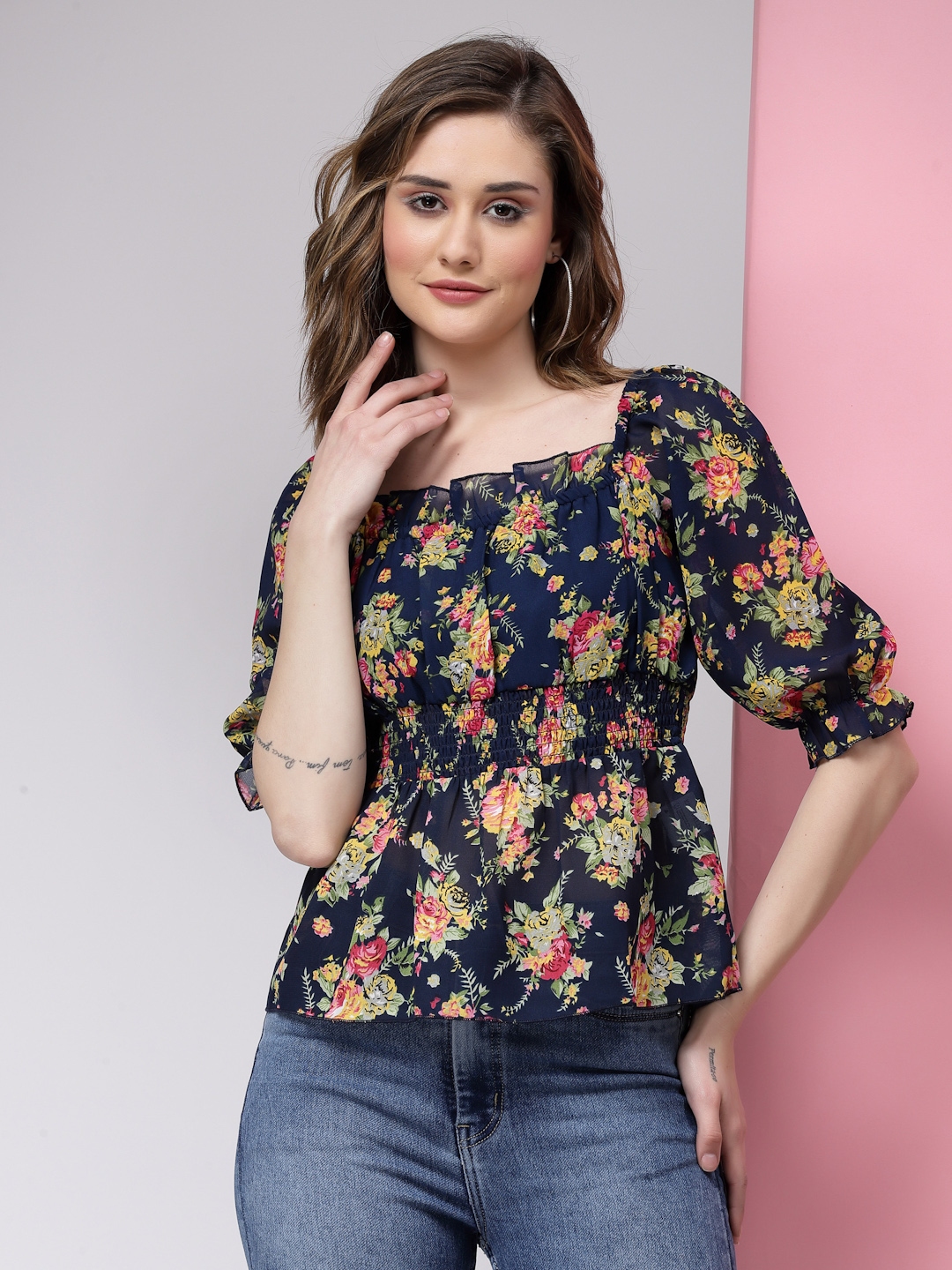 Buy KASSUALLY Blue Floral Cinched Waist Smocked Top - Tops for