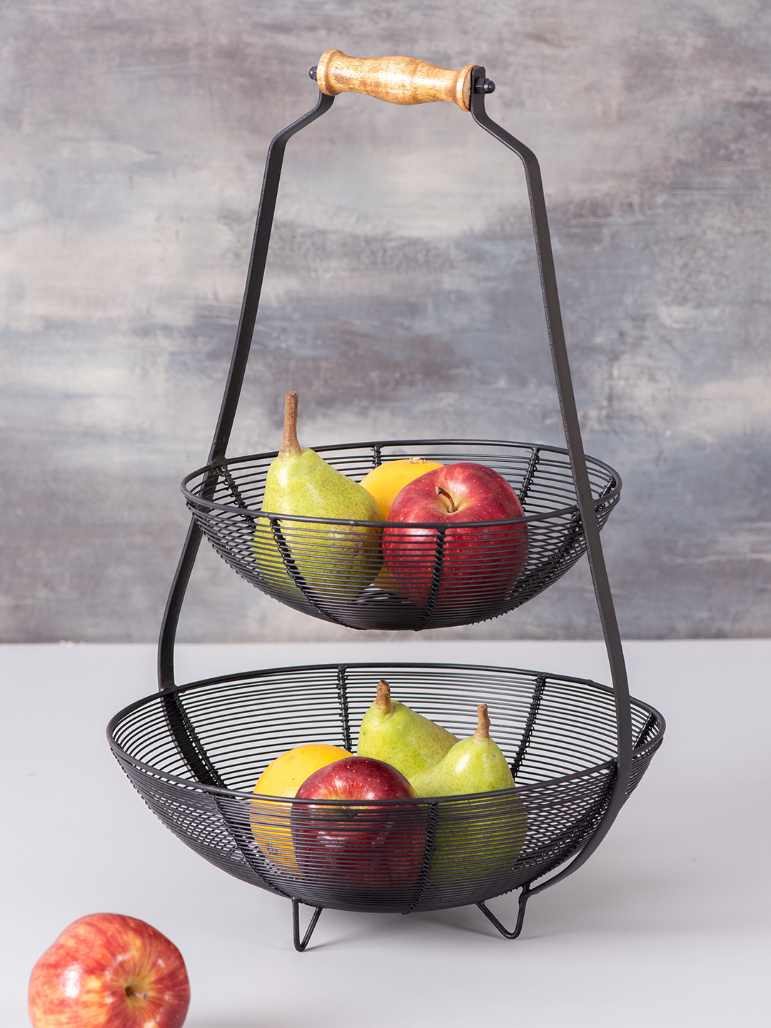 nestroots Two Tier Black Hand Crafted Solid Fruit Basket