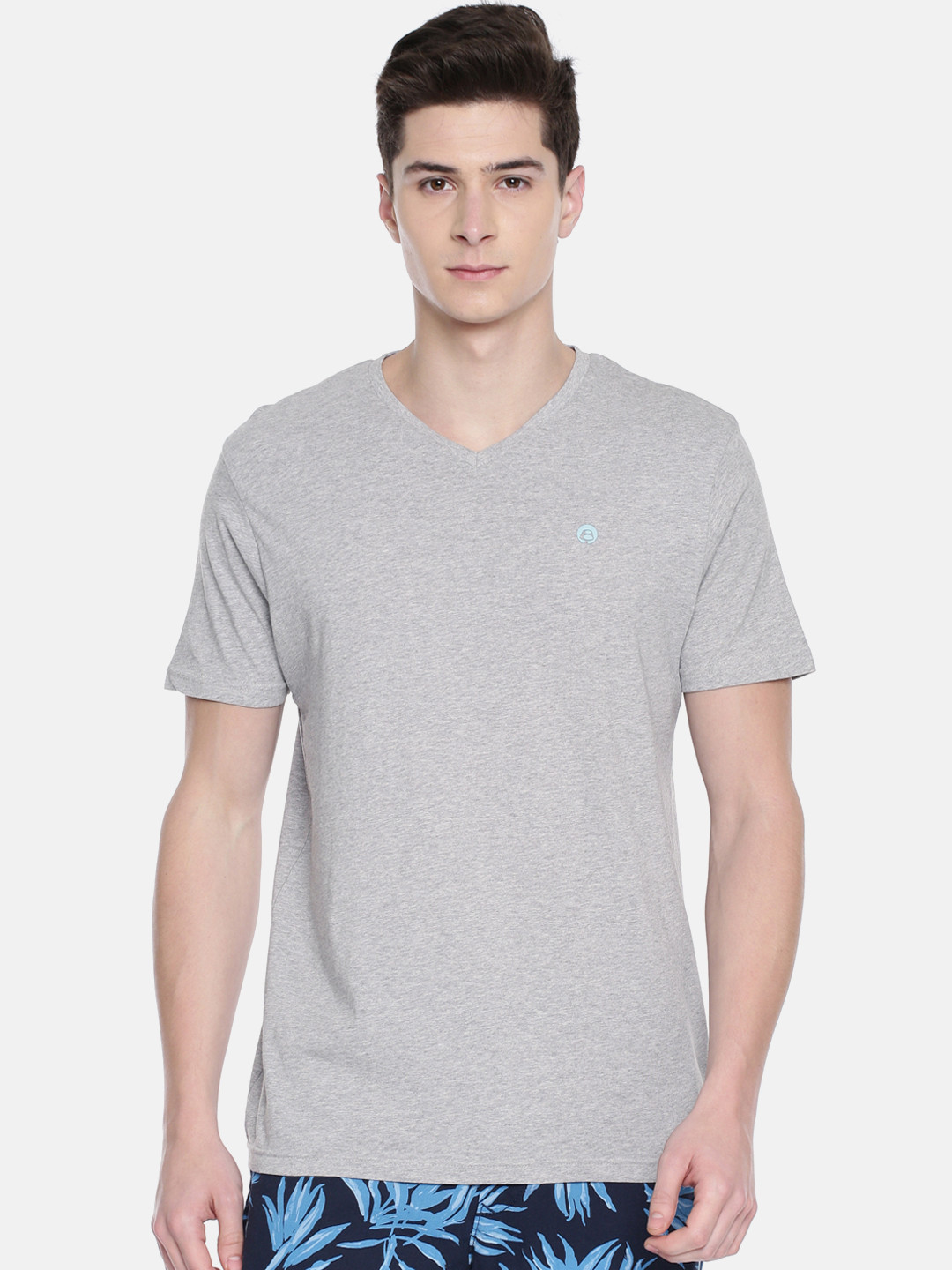 Bossini Men Grey Melange Solid V Neck 
