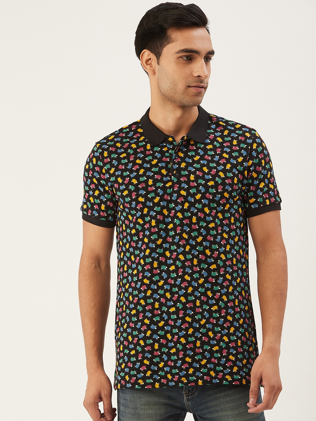 United Colors of Benetton Men Black Sheep Printed Polo Collar Pure Cotton T-shirt