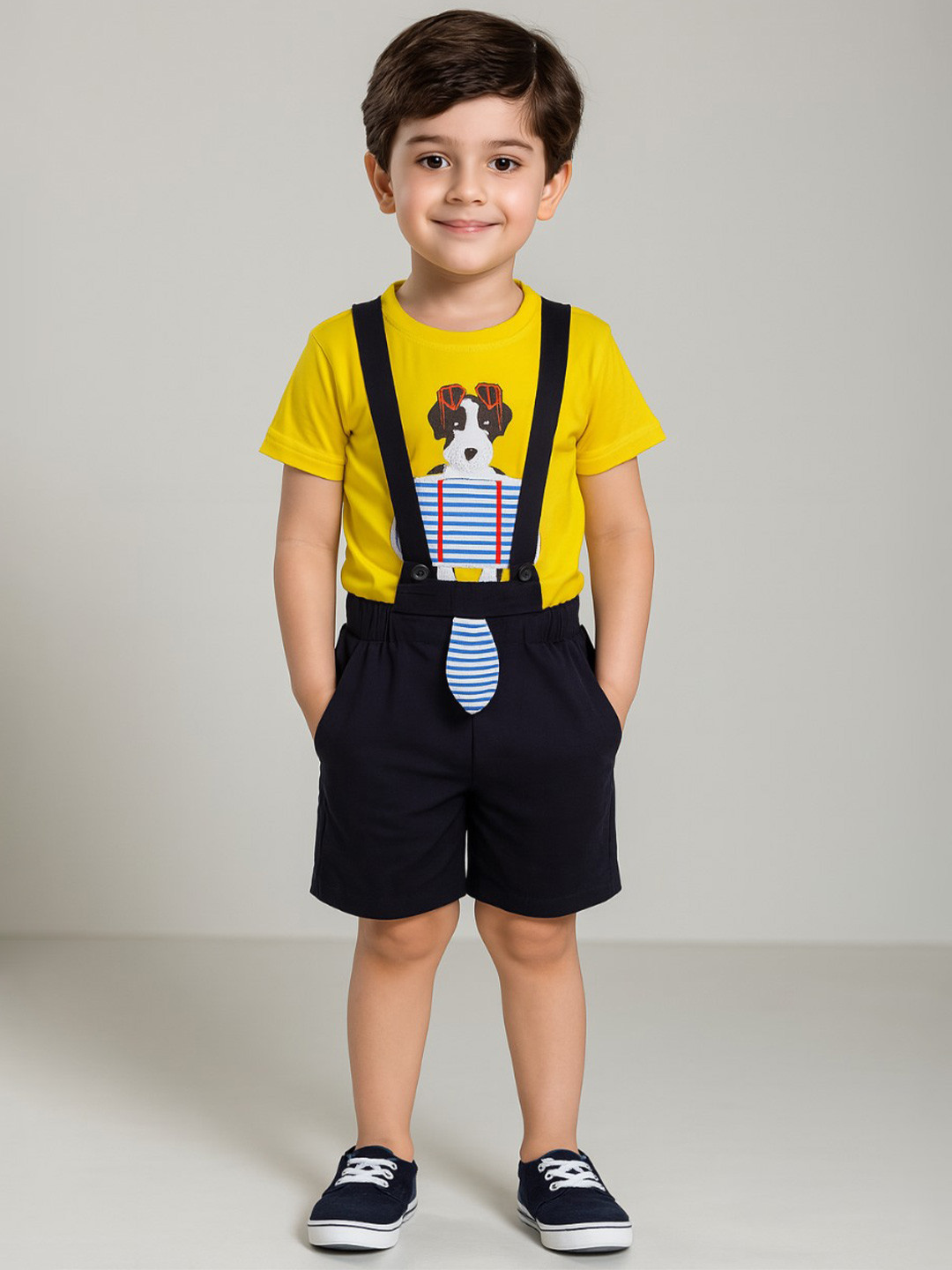 Wish Karo Infant Kids Yellow & Navy Blue Printed T-shirt with Shorts