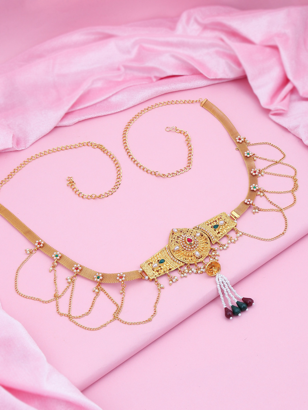 Sukkhi Gold-Plated White & Green Stone-Studded Beaded Kamarbandh