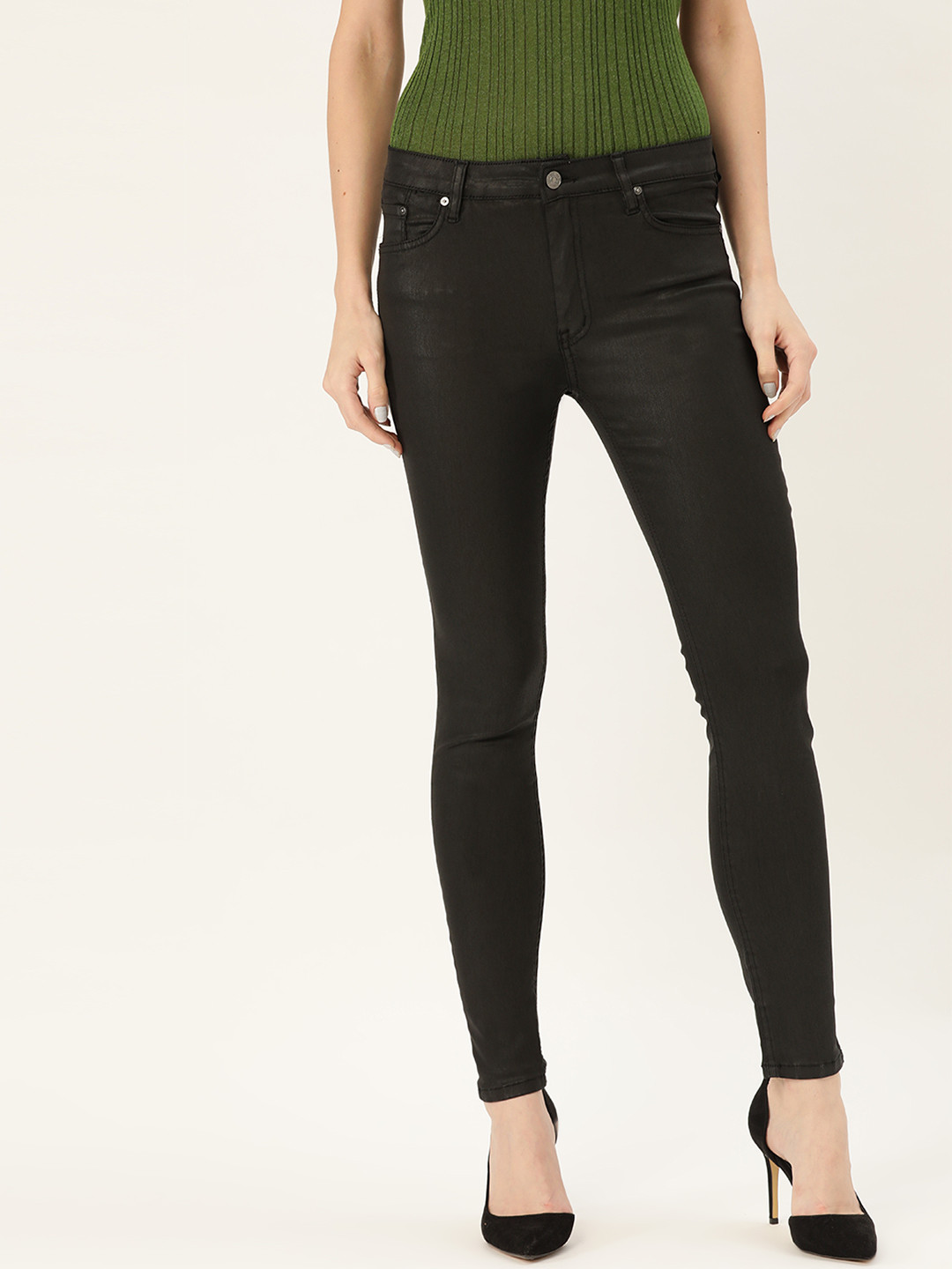 MANGO Women Black Skinny Fit Coated Mid-Rise Clean Look Stretchable Jeans