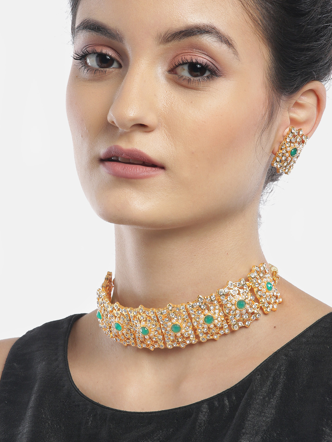 YouBella Green & Cream-Coloured Gold-Plated Stone Studded & Beaded Jewellery Set