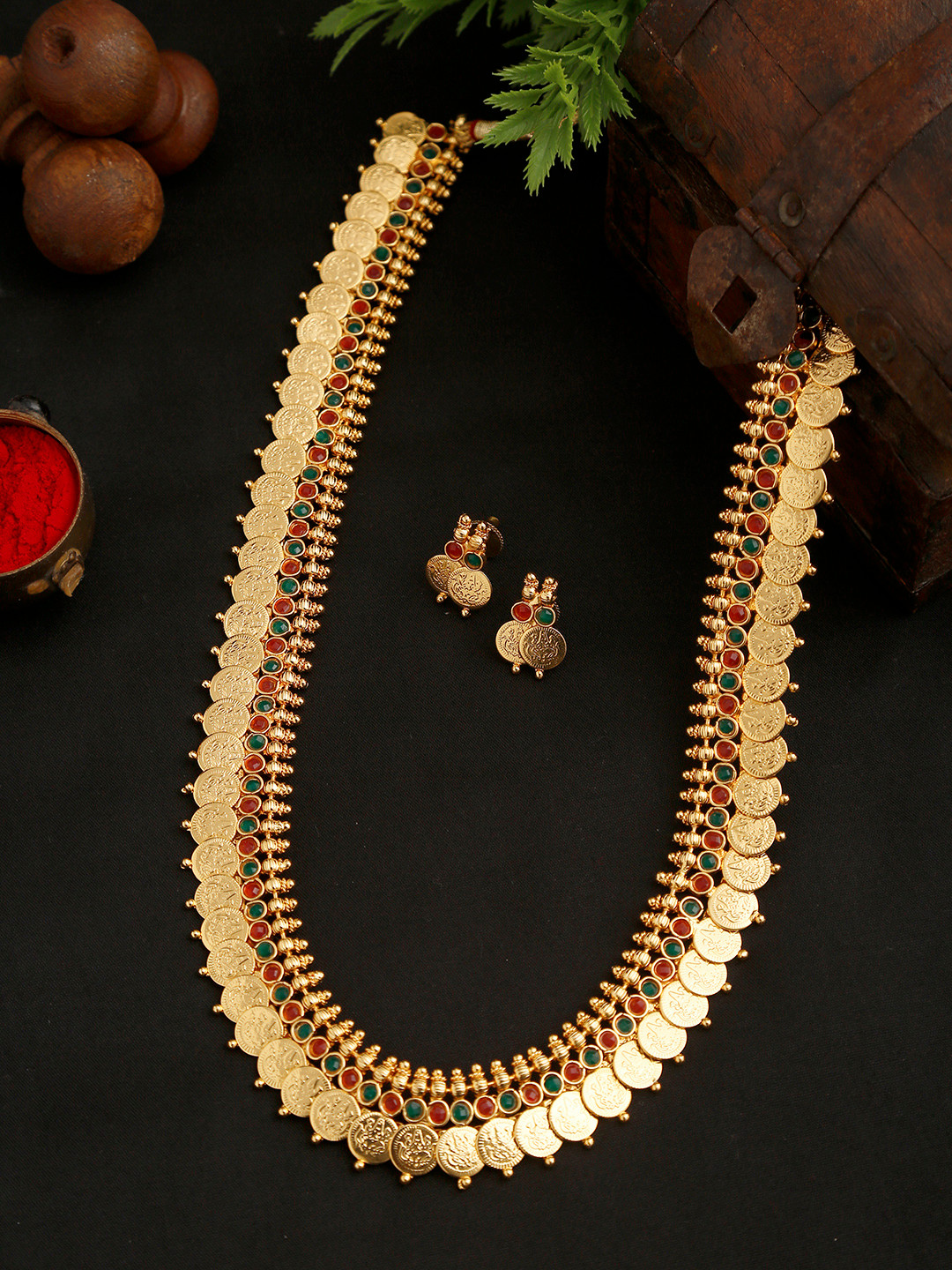 YouBella Green & Magenta Gold-Plated Stone Studded Goddess Laxmi Jewellery Set