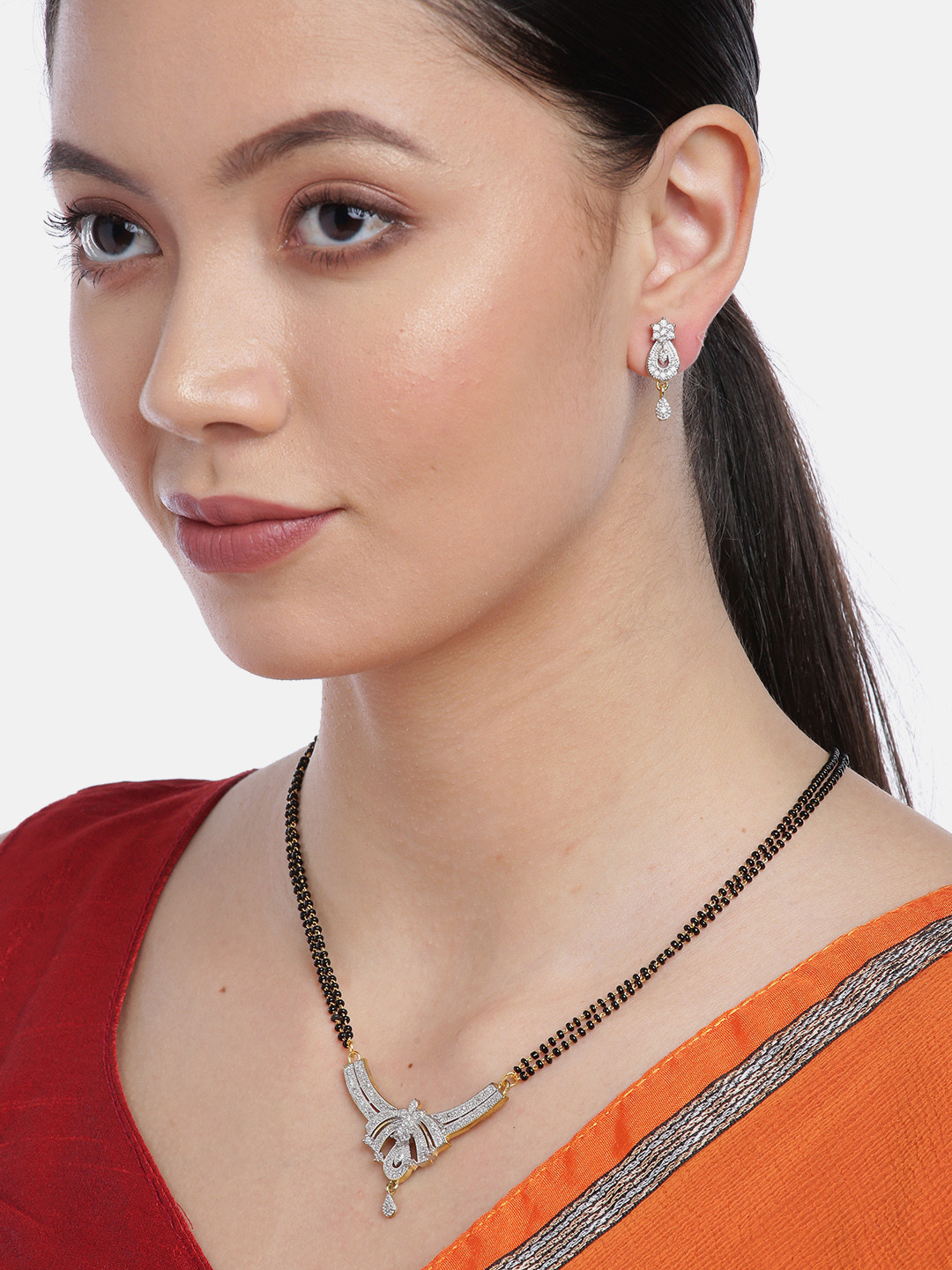 YouBella Black Gold-Plated Stone-Studded & Beaded Dual-Stranded Mangalsutra with Earrings