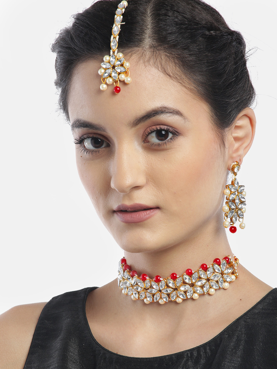YouBella Red & Off-White Gold-Plated Stone-Studded Beaded Jewellery Set