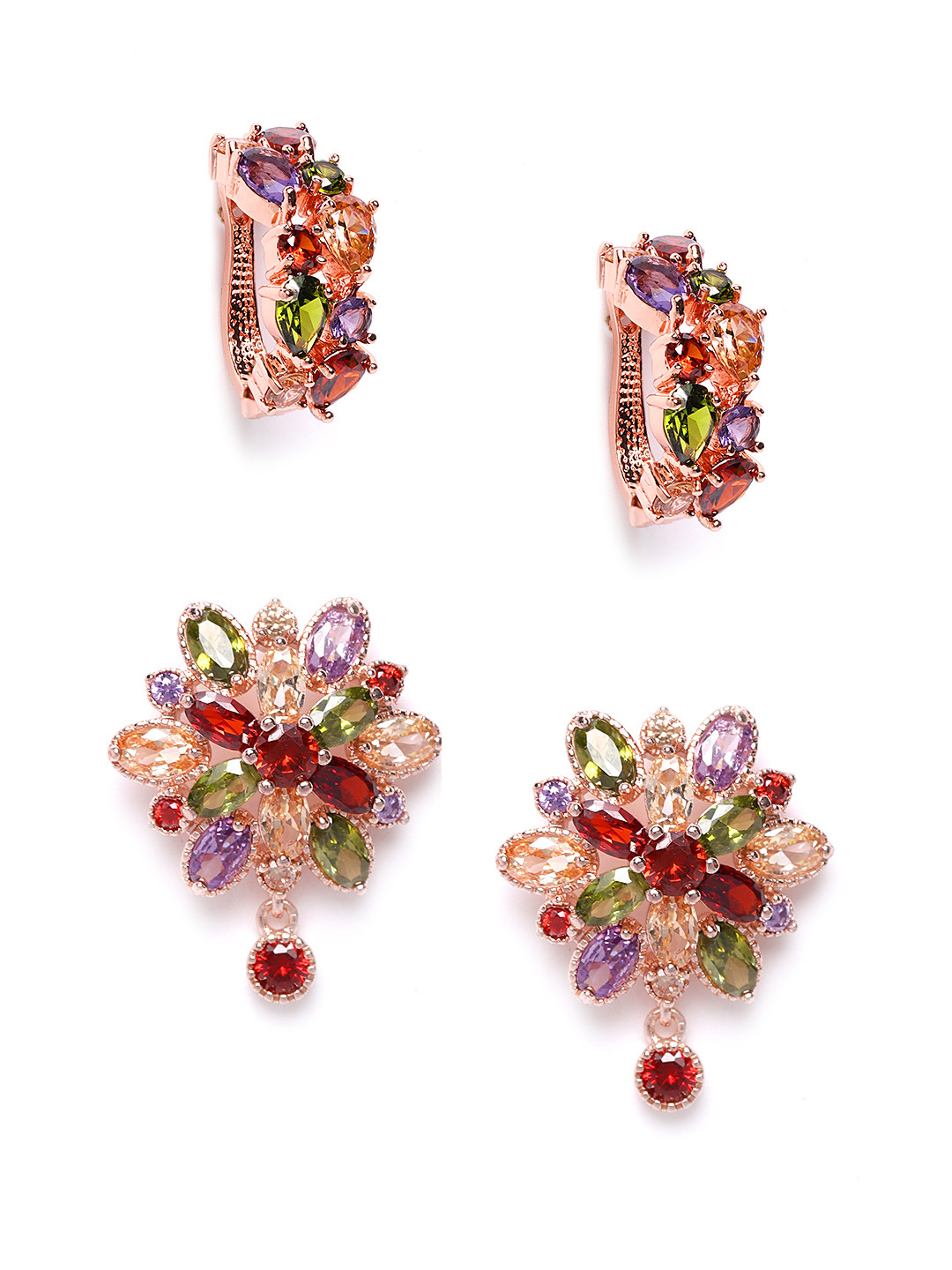 YouBella Women Set of 2 Green & Purple Rose Gold Plated Stone Studded Earrings