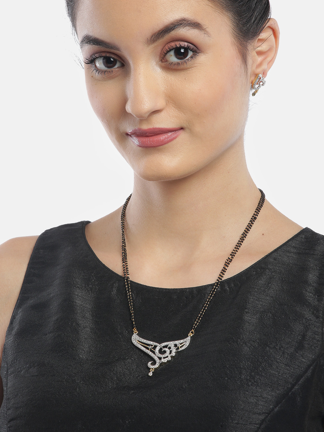 YouBella Black Gold-Plated Beaded & Stone-Studded Mangalsutra & Earrings Set