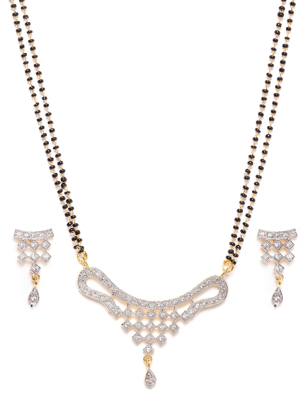 YouBella Black Gold-Plated Stone-Studded & Beaded Dual-Stranded Mangalsutra with Earrings