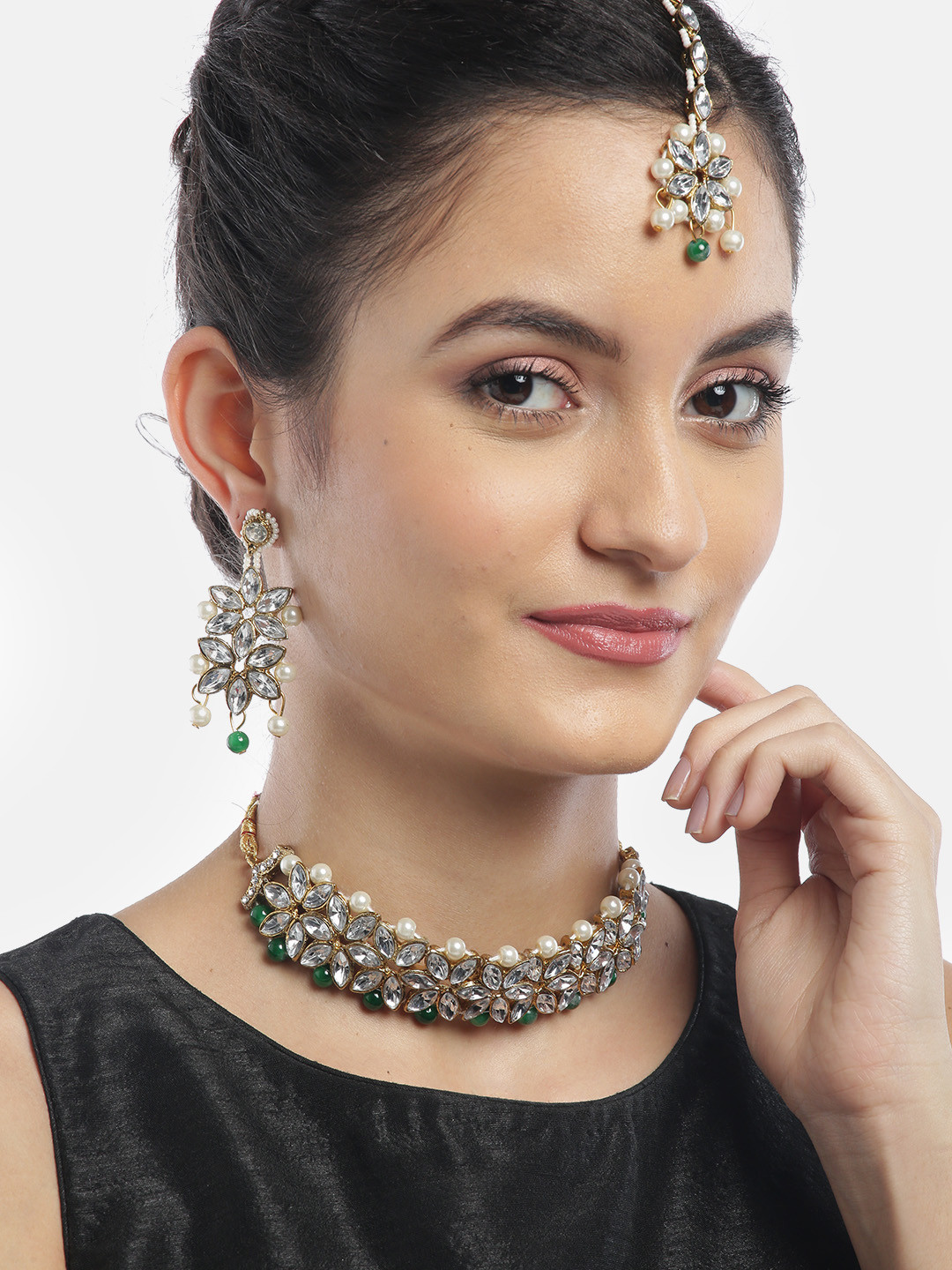 YouBella Green & White Gold-Plated Stone-Studded & Beaded Jewellery Set with Maang Tika