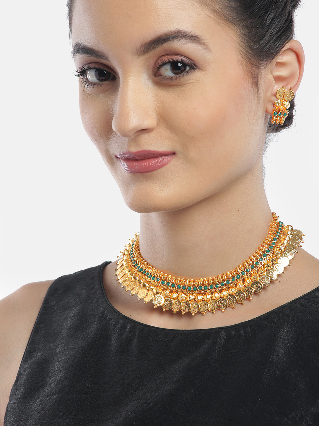 YouBella Green Gold Plated Beaded Coin Jewellery Set