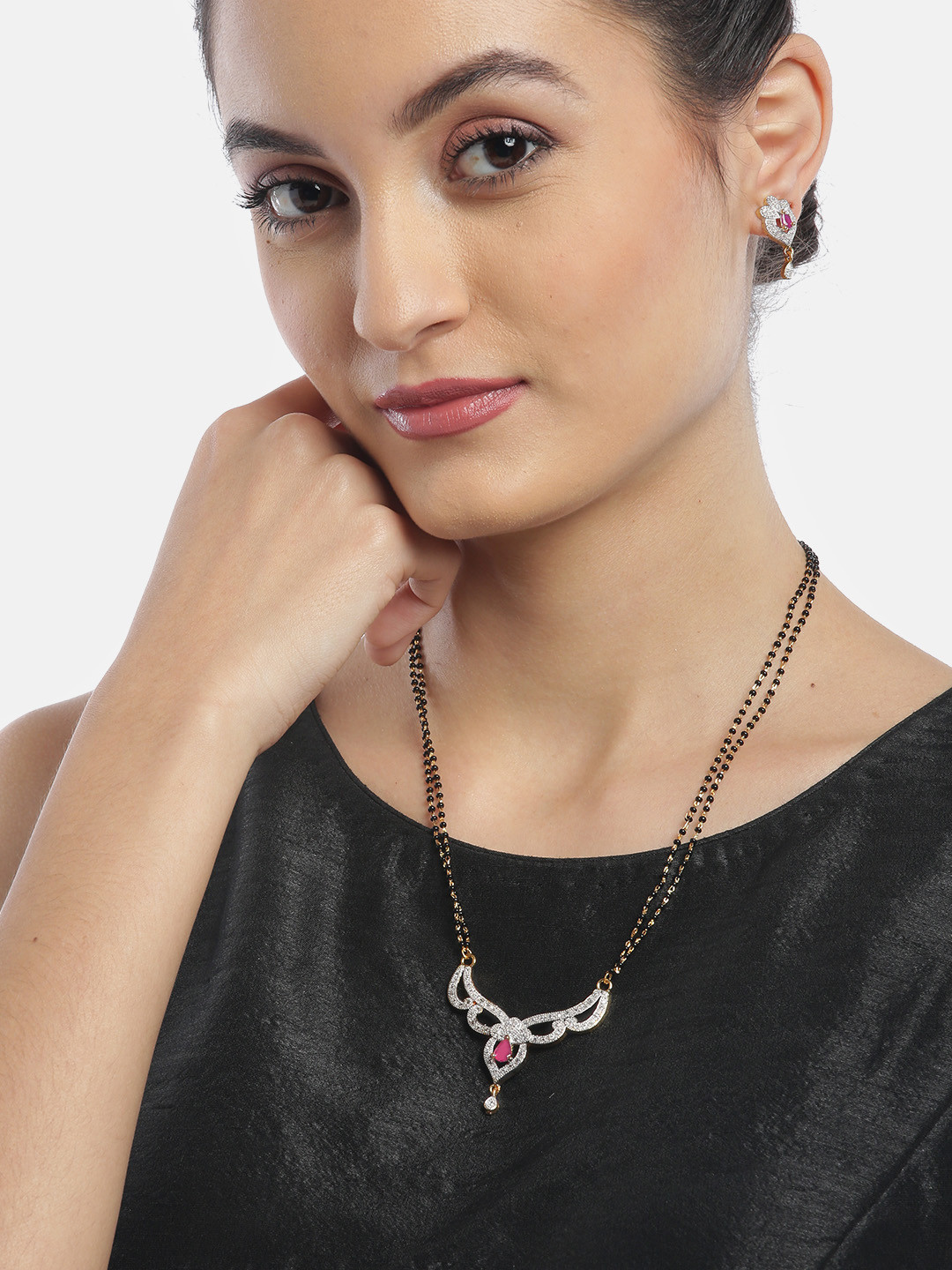 YouBella Black Pink Gold-Plated Beaded & Stone-Studded Mangalsutra & Earrings Set