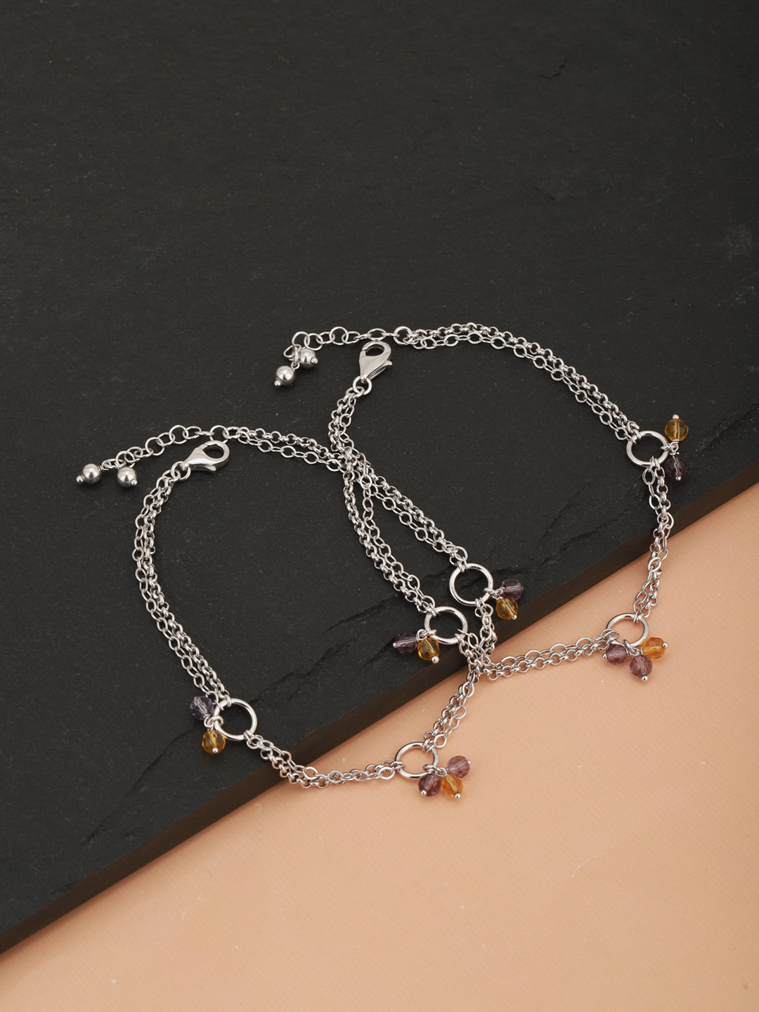 Carlton London Set of 2 Silver-Toned & Purple Rhodium-Plated Beaded Anklets