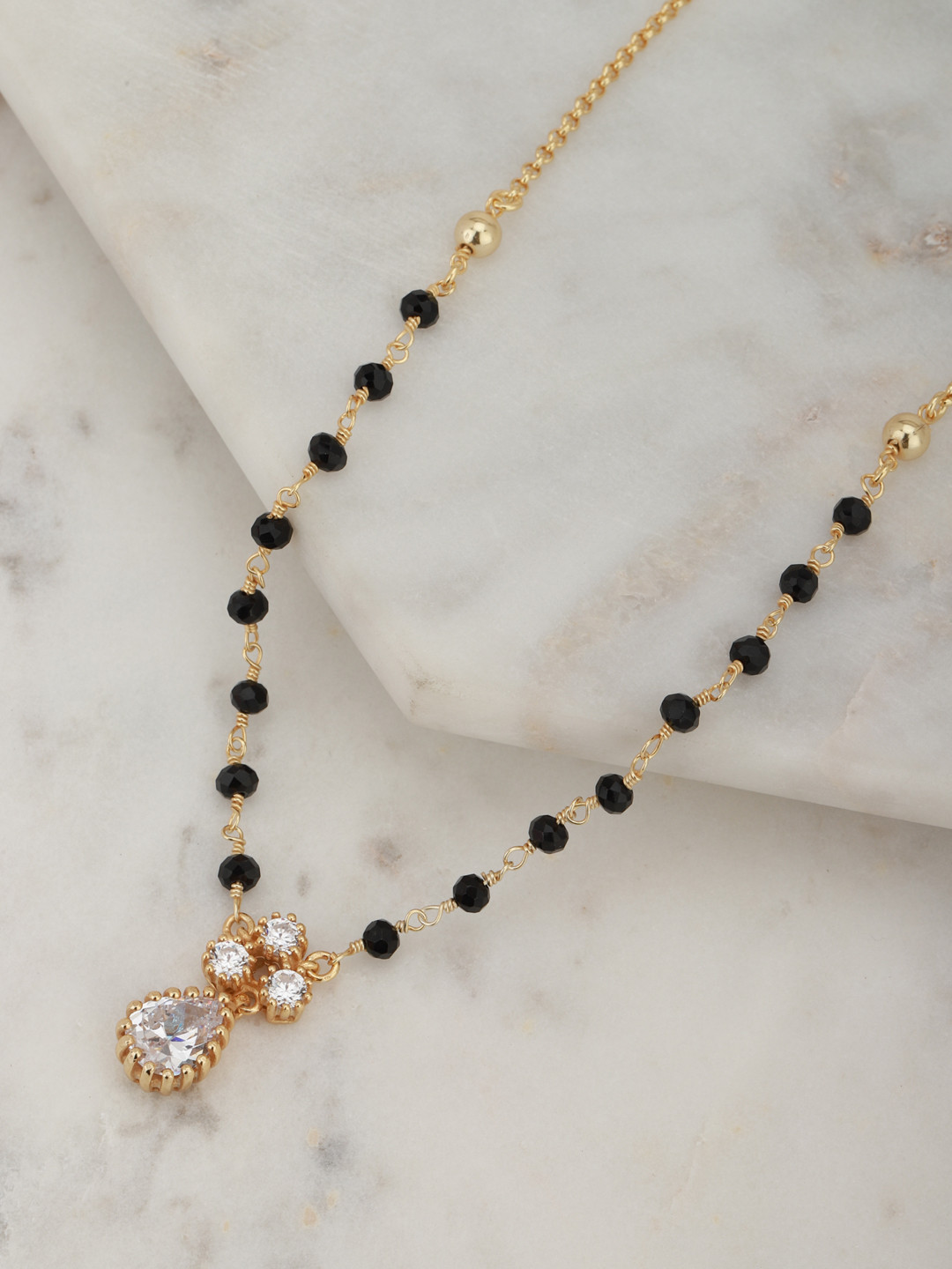 Carlton London Black Gold-Plated CZ-Studded & Beaded Tear-Drop Shaped Mangalsutra