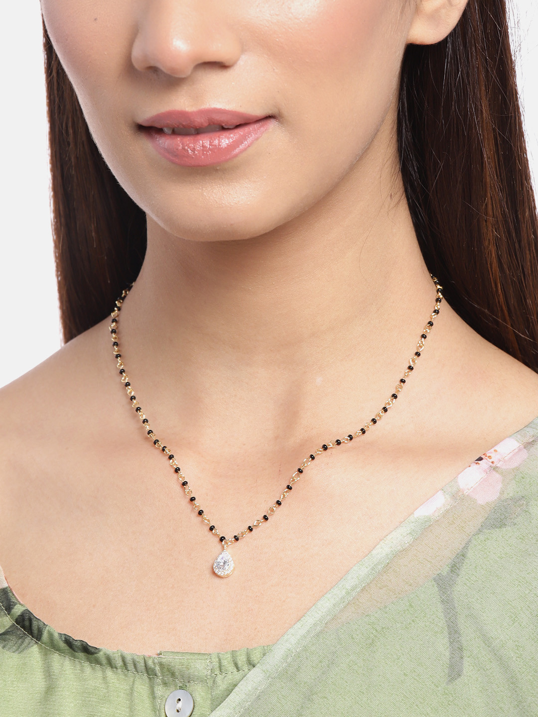 Carlton London Black Gold-Plated CZ-Studded & Artificial Beaded Mangalsutra