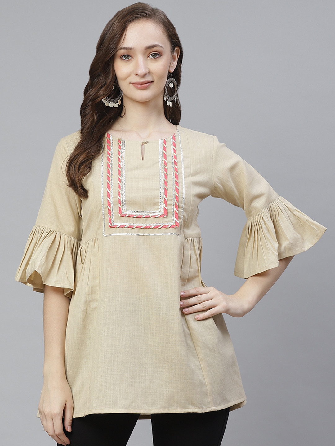 Bhama Couture Women Beige Yoke Design Tunic