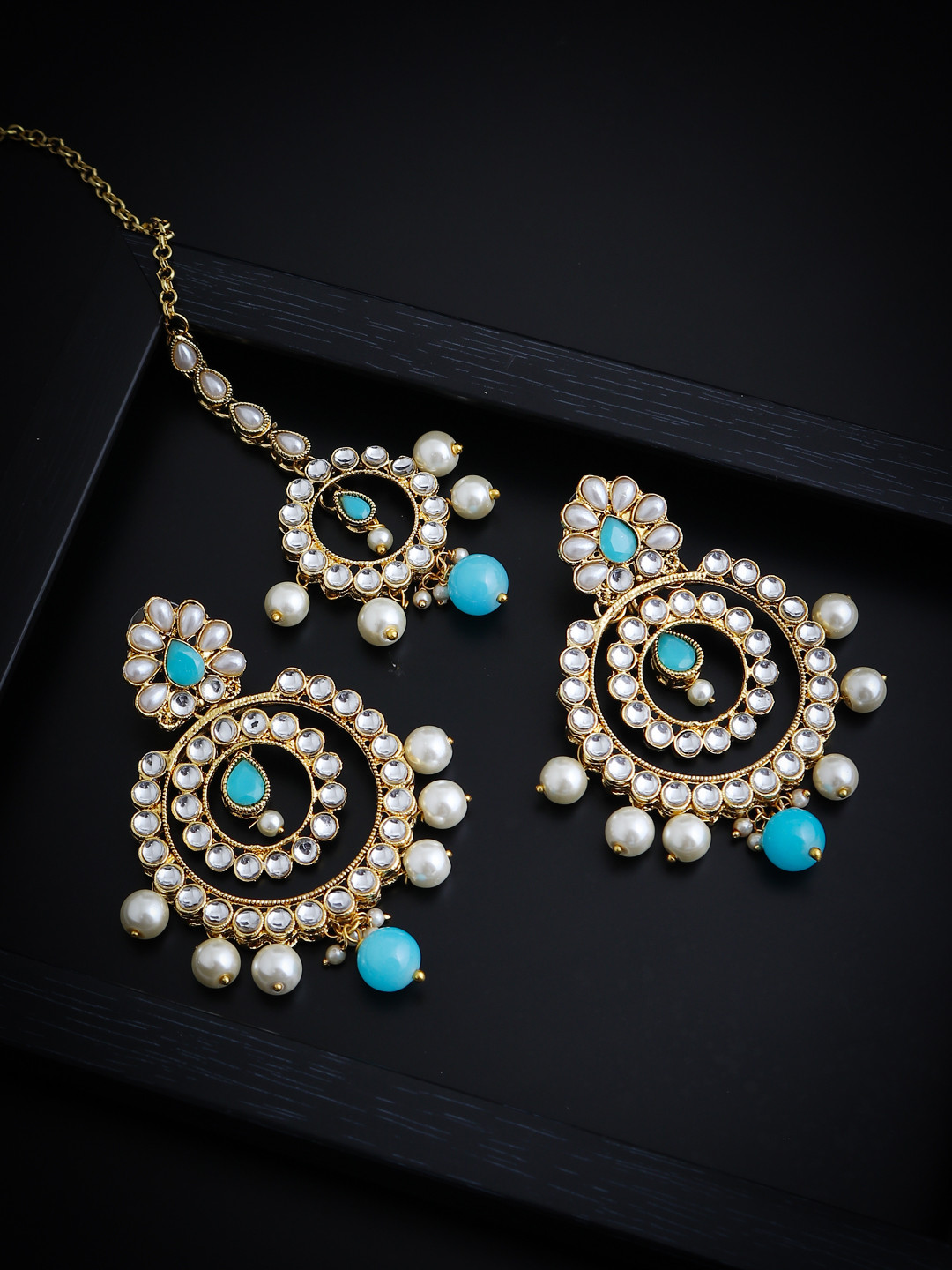 Sukkhi Gold-Plated Blue & White Kundan-Studded Pearl Jewellery Set