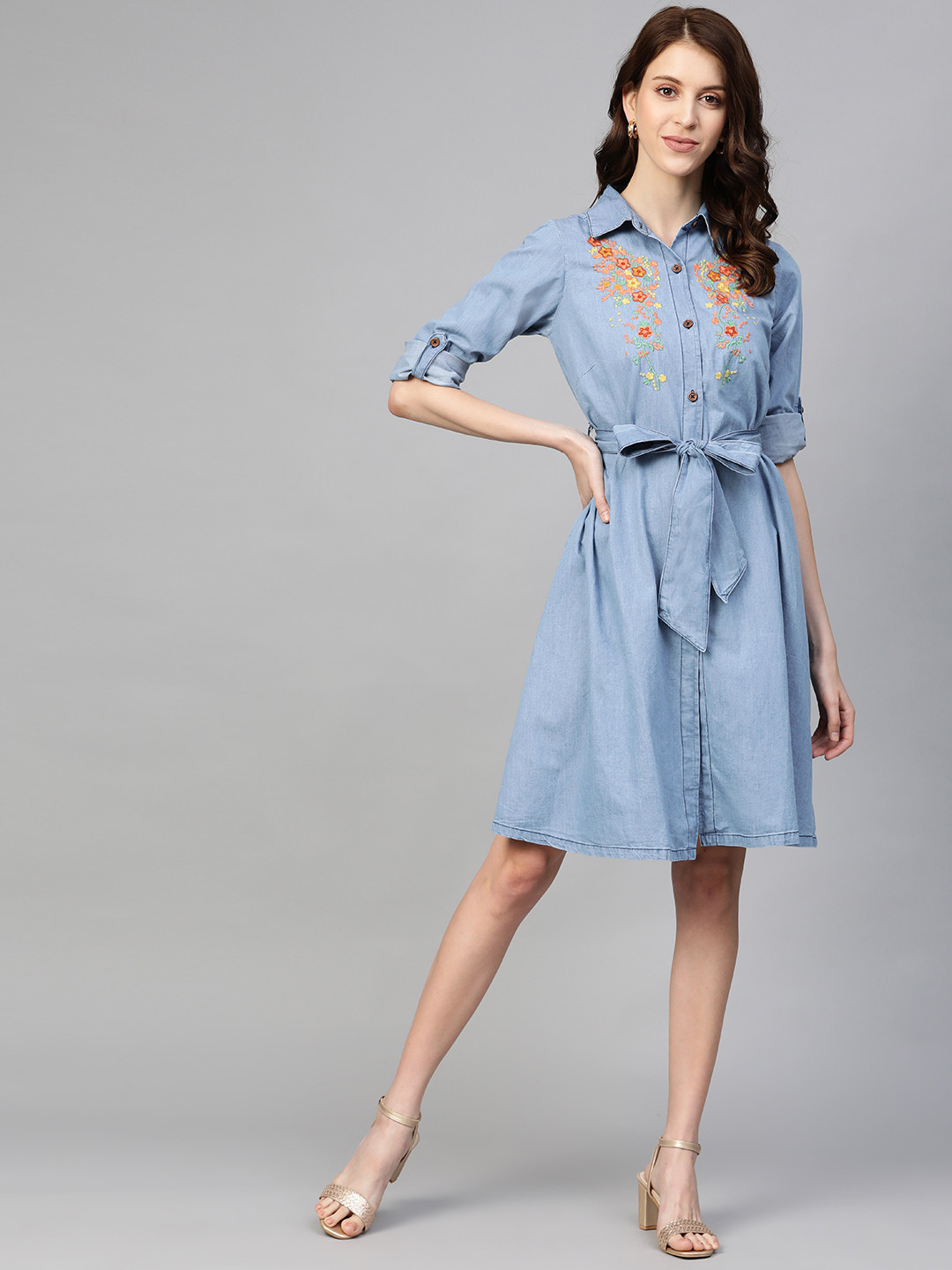 plusS Women Blue Chambray Solid Shirt Dress with Embroidered Detail & Belt