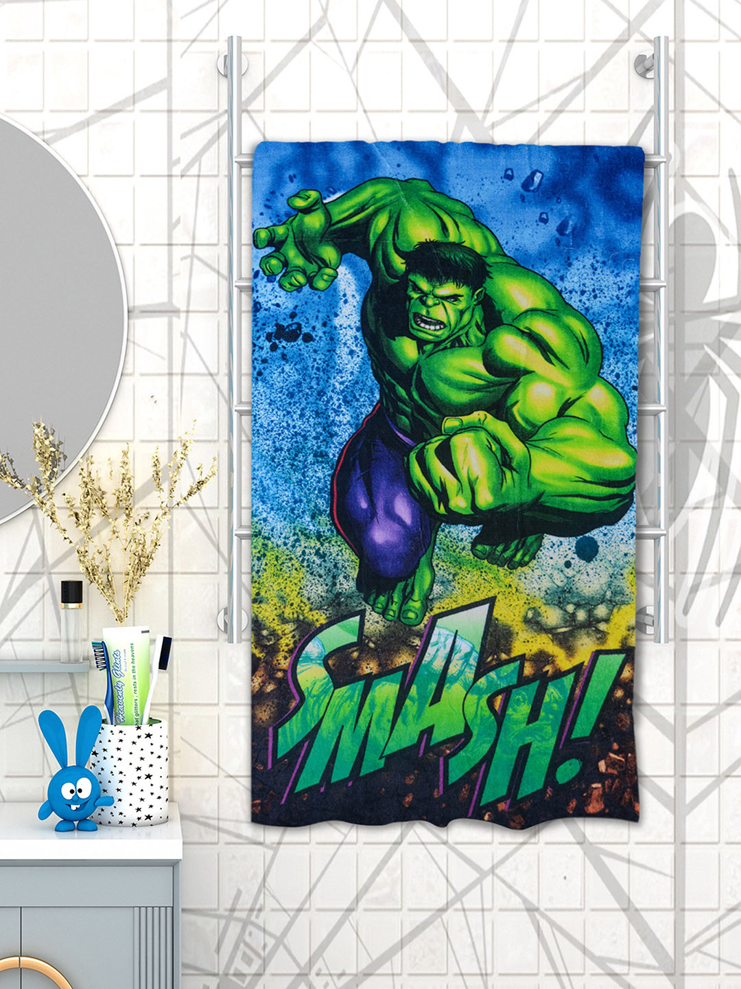 Marvel Athom Trendz Unisex Kids Blue & Green Hulk Printed 350 GSM Bath Towel