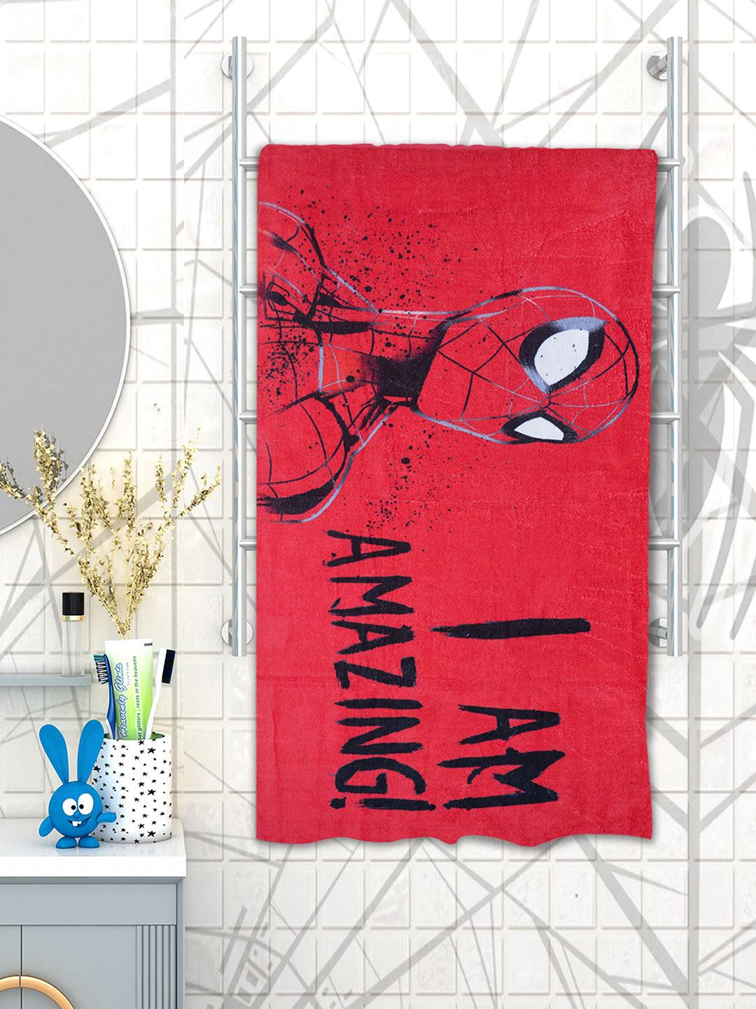 Marvel Athom Trendz Unisex Kids Red & Black Spiderman Printed 350 GSM Bath Towel