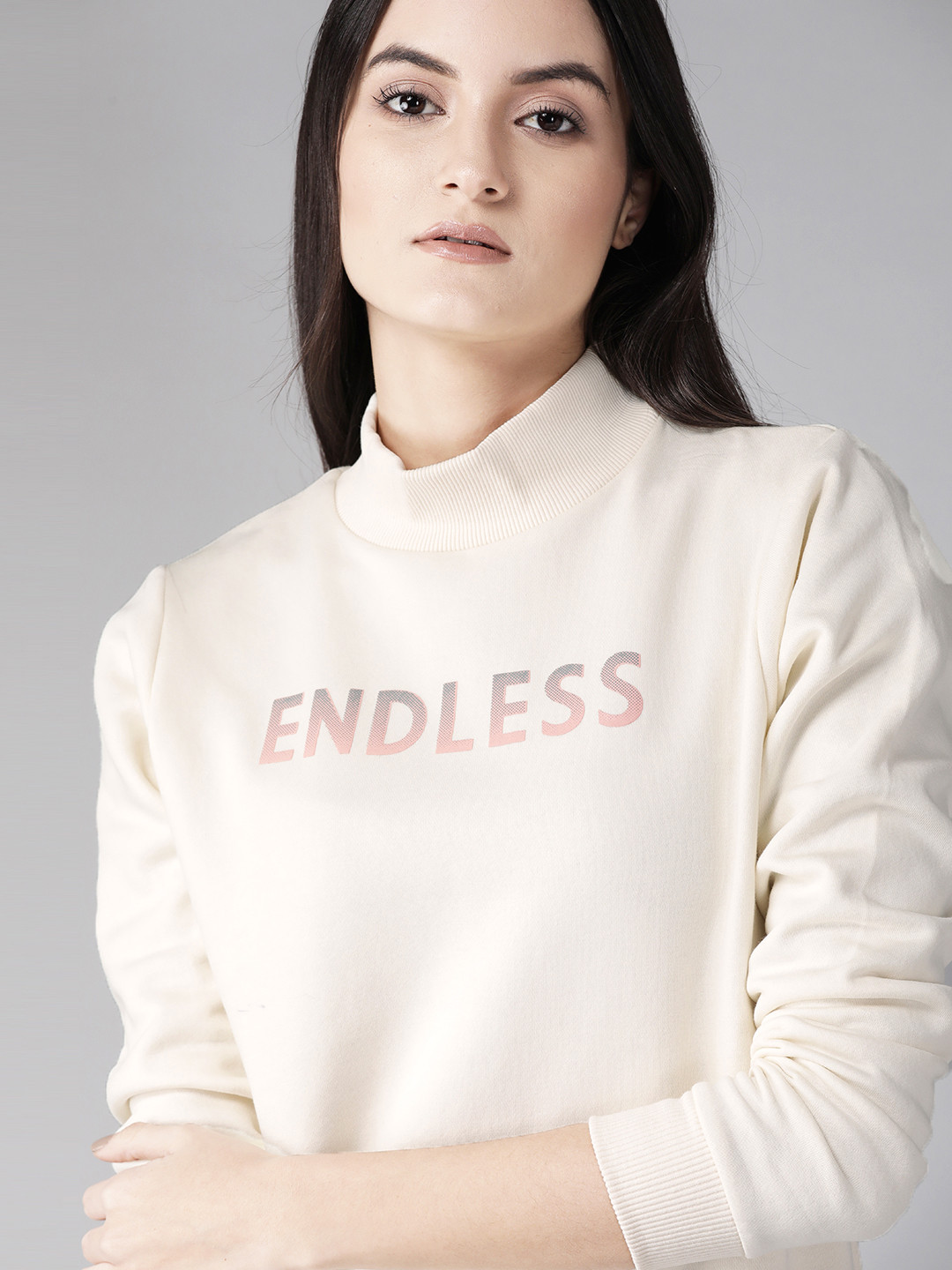 Roadster Women Cream-Coloured Solid Sweatshirt